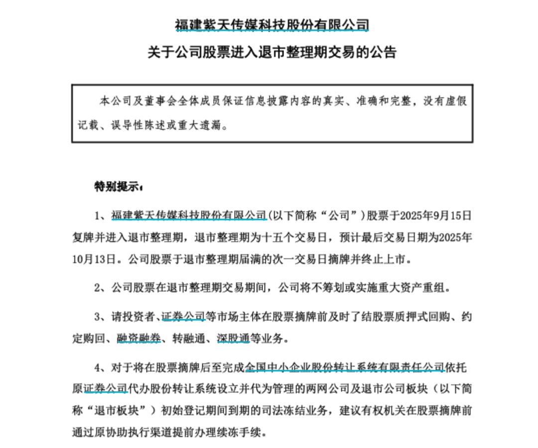 *ST紫天明起复牌!进入退市整理期