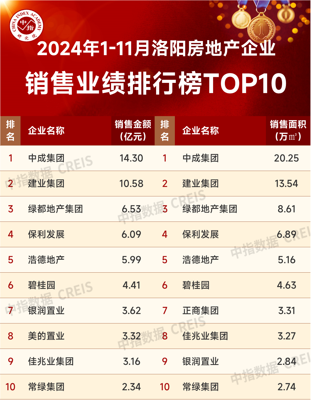 2024年1-11月洛阳房地产企业销售业绩TOP10